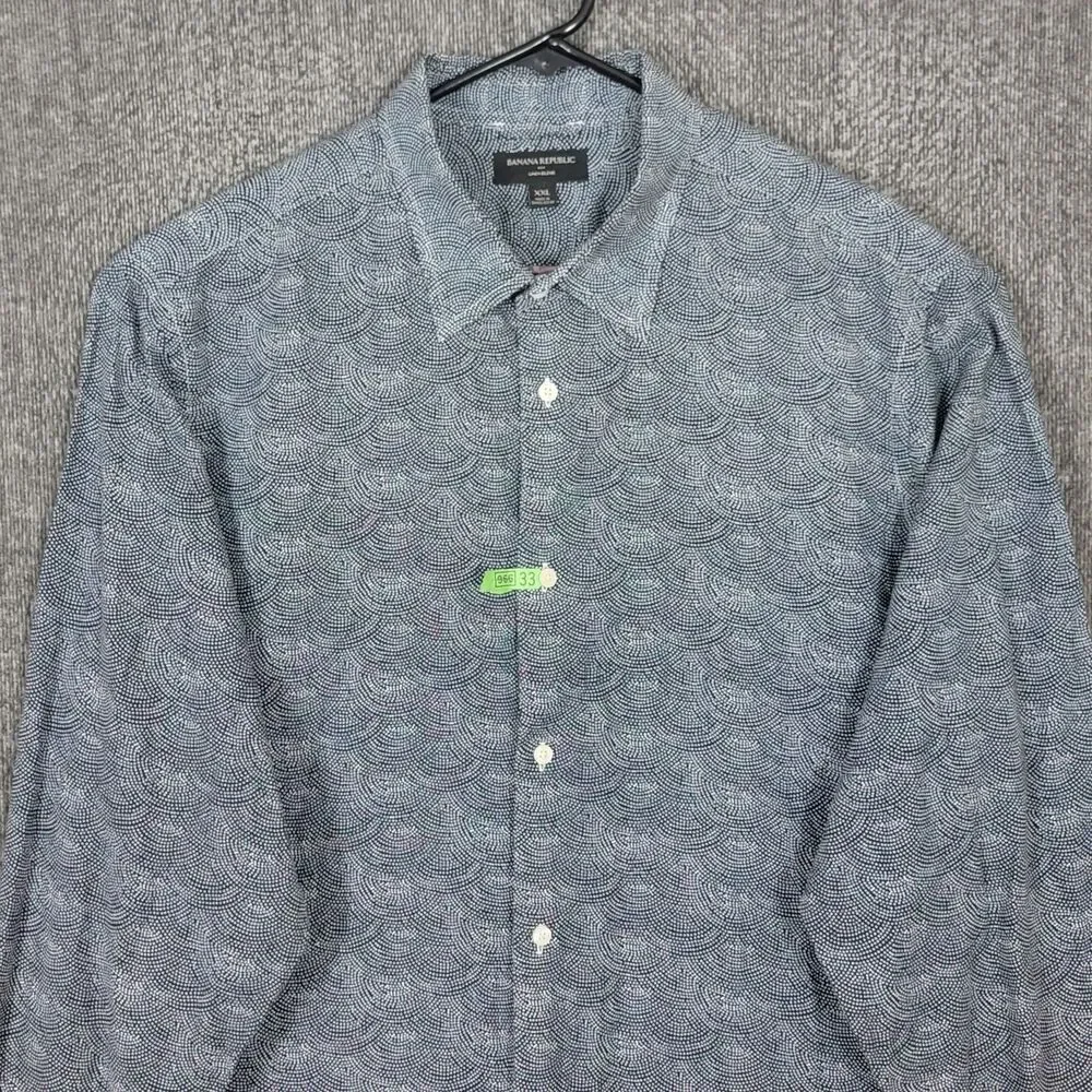 Banana Republic Shirt Mens XXL Blue Polka Dot Camo Print Linen Blend Long Sleeve